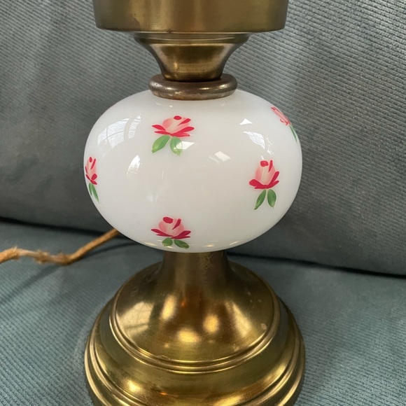 None Other - Rose Milk Glass Hand painted Lamp 8” Brass